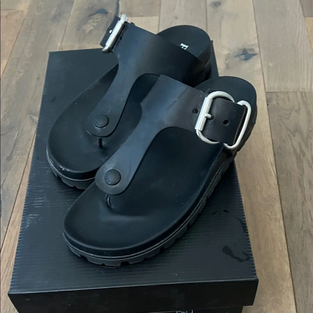 Prada Black Leather Thong Sandals with Silver Buckle